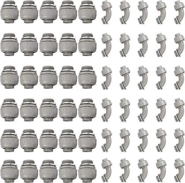 Main image of Conduit Connectors, 1 Inch Liquid Tight Connector NPT Non-Metallic for PVC Electrical Flexible Conduit Fittings, 30 Straight and 30 Angle 90 Degree, UL Listed, Grey (60-Pack)