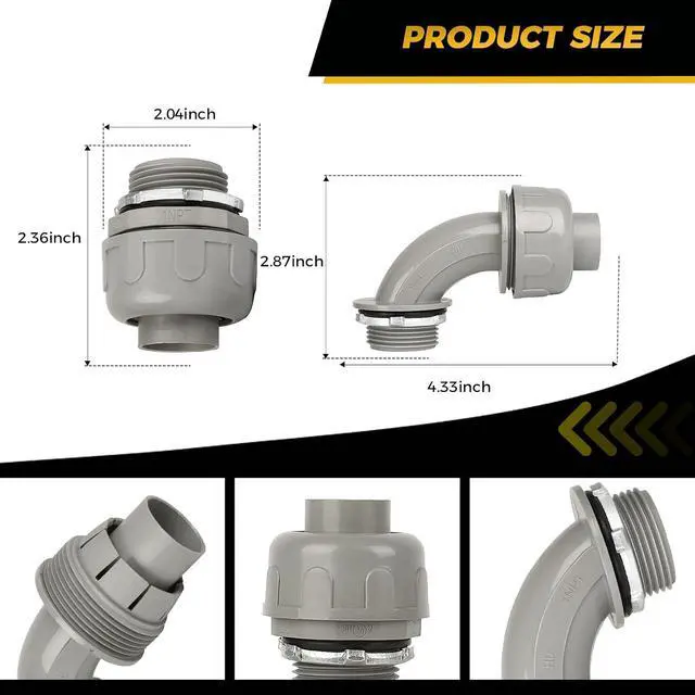 Alt view image 2 of 6 - Conduit Connectors, 1 Inch Liquid Tight Connector NPT Non-Metallic for PVC Electrical Flexible Conduit Fittings, 30 Straight and 30 Angle 90 Degree, UL Listed, Grey (60-Pack)