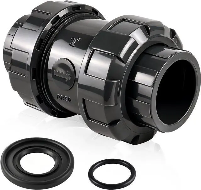 Main image of PVC True Union Check Valve, 2'' Slip Swing Full Port Utility, Sch80 Socket Pool Ball for Backflow Prevention