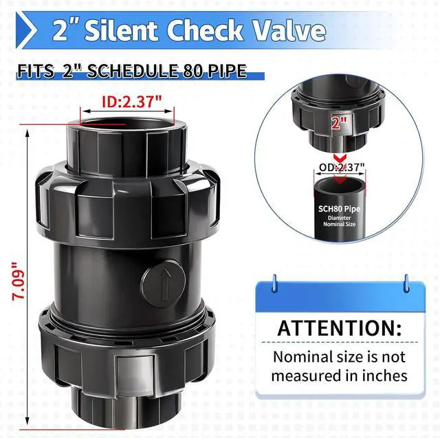 Alt view image 2 of 7 - PVC True Union Check Valve, 2'' Slip Swing Full Port Utility, Sch80 Socket Pool Ball for Backflow Prevention