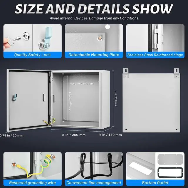 Alt view image 4 of 6 - Steel Electrical Junction Box, 8 x 8 x 6 Waterproof & Dustproof Electrical Enclosure, Outdoor & Indoor Universal Project Box with Lock & Mounting Plate