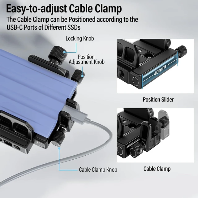 Alt view image 3 of 7 - SSD Mount Bracket & Holder with Cold Shoe and USB-C Cable Clamp for Samsung T7/T5 & SanDisk, Compatible with BMPCC 4K/6K, Z Cam E2, Sigma fp Camera Cages, AM-ST9