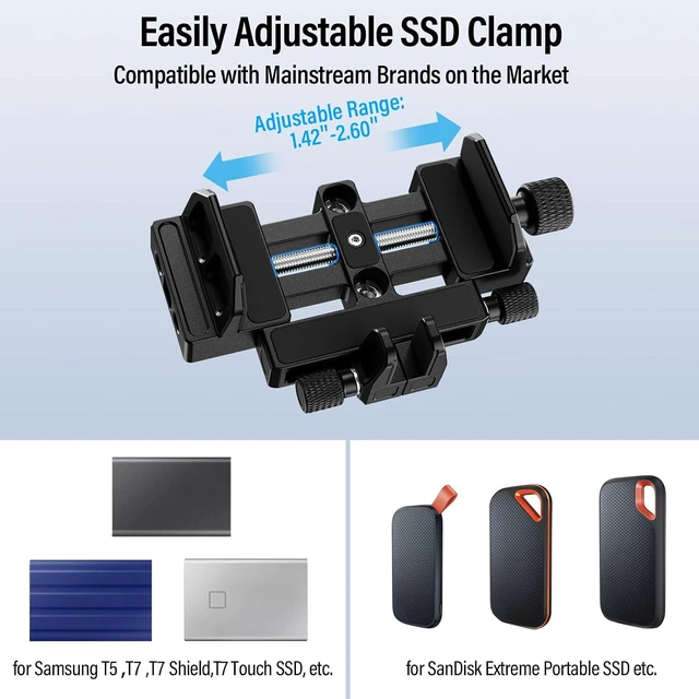 Alt view image 4 of 7 - SSD Mount Bracket & Holder with Cold Shoe and USB-C Cable Clamp for Samsung T7/T5 & SanDisk, Compatible with BMPCC 4K/6K, Z Cam E2, Sigma fp Camera Cages, AM-ST9