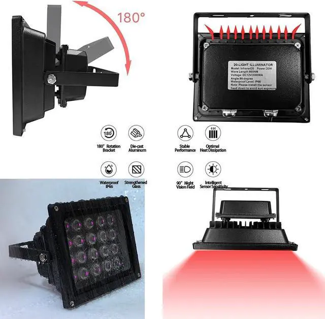 Alt view image 2 of 7 - JC 210ft Infrared Illuminator, 20 LEDs 90 Degree Wide Angle IR Illuminator for Night Vision,Waterproof LED Infrared Flood Light Black