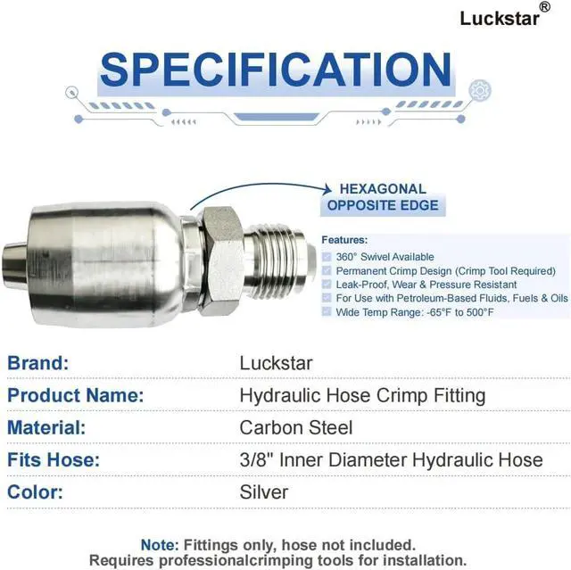 Alt view image 2 of 7 - 12-Pack Hydraulic Hose Fitting, 3/8" Hose x 3/8" JIC 37° Male, High-Strength Carbon Steel Crimp Fitting for Industrial Hydraulic Systems