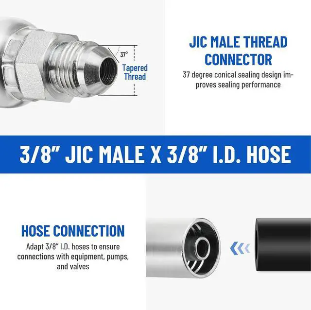 Alt view image 3 of 7 - 12 Pack Hydraulic Hose Fittings, 3/8" I.D. Hose x 3/8" JIC 37° Male with Protection Cover Hydraulic Hose End Crimp Connector Kits