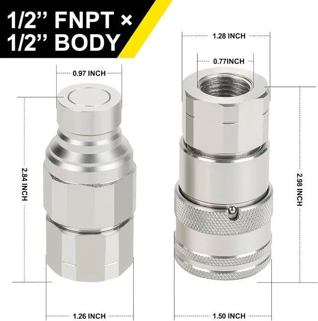 Alt view image 2 of 6 - 2PCS 1/2 NPT Flat Face Hydraulic Couplers, Bobcat Skid Steer Quick Connect Fittings with 4PCS Dust Covers