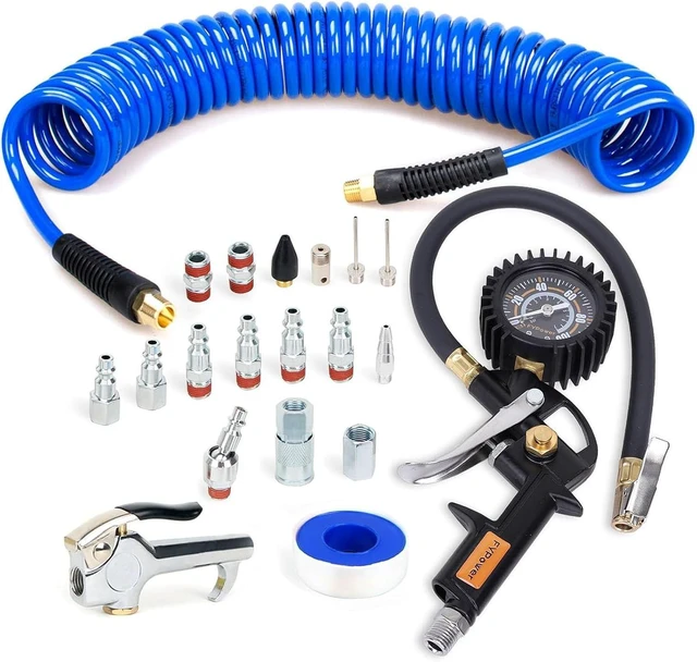 Main image of 20-Piece Air Compressor Accessories Kit 1/4 inch x 25 ft Recoil Poly Air Hose, 1/4" NPT Quick Connect Fittings, Tire Inflator Gauge, Heavy Duty Blow Gun, Swivel Plug, Blue PU Hose