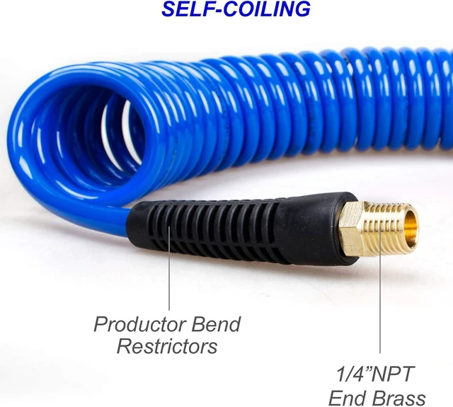 Alt view image 4 of 7 - 20-Piece Air Compressor Accessories Kit 1/4 inch x 25 ft Recoil Poly Air Hose, 1/4" NPT Quick Connect Fittings, Tire Inflator Gauge, Heavy Duty Blow Gun, Swivel Plug, Blue PU Hose