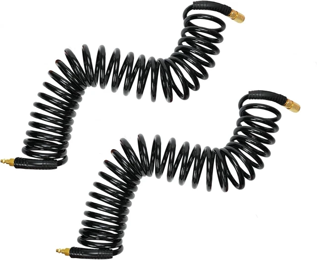 Main image of 2-Pack Polyurethane Recoil Air Hose, 1/4" Inner Diameter x 25' Long with Bend Restrictor, 1/4" Industrial Quick Coupler & Plug, Black
