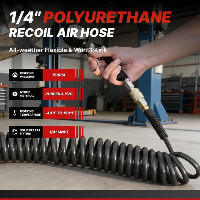 Alt view image 2 of 7 - 2-Pack Polyurethane Recoil Air Hose, 1/4" Inner Diameter x 25' Long with Bend Restrictor, 1/4" Industrial Quick Coupler & Plug, Black