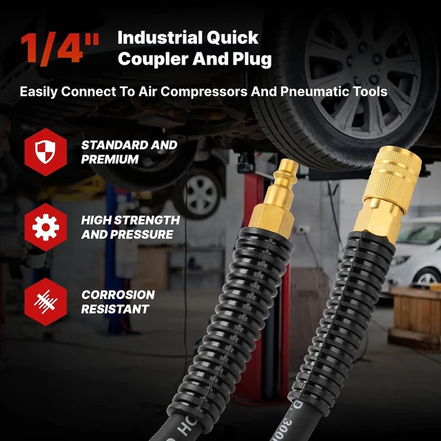 Alt view image 3 of 7 - 2-Pack Polyurethane Recoil Air Hose, 1/4" Inner Diameter x 25' Long with Bend Restrictor, 1/4" Industrial Quick Coupler & Plug, Black