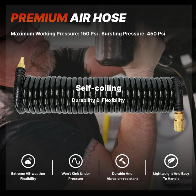 Alt view image 5 of 7 - 2-Pack Polyurethane Recoil Air Hose, 1/4" Inner Diameter x 25' Long with Bend Restrictor, 1/4" Industrial Quick Coupler & Plug, Black