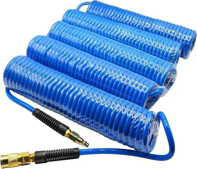 Main image of 5 Pack Polyurethane Recoil Air Hose, Air Compressor Hose 1/4" Inner Diameter by 25' Long with Bend Restrictor, 1/4" Industrial Quick Coupler and Plug, Blue.
