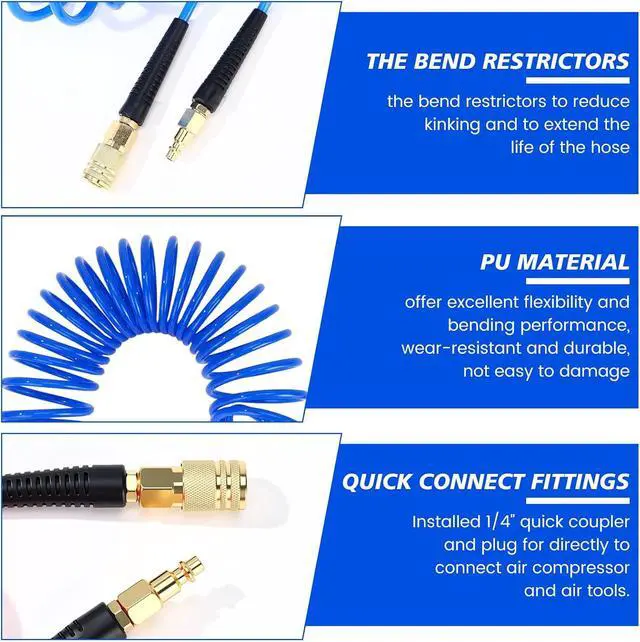 Alt view image 2 of 7 - 10 Pack 1/4 in x 10 ft Polyurethane Recoil Air Hose Air Compressor Hose Flexible Coiled Line with Bend Restrictor 1/4" Industrial Quick Coupler and Plug for Household Garage Station(Blue)