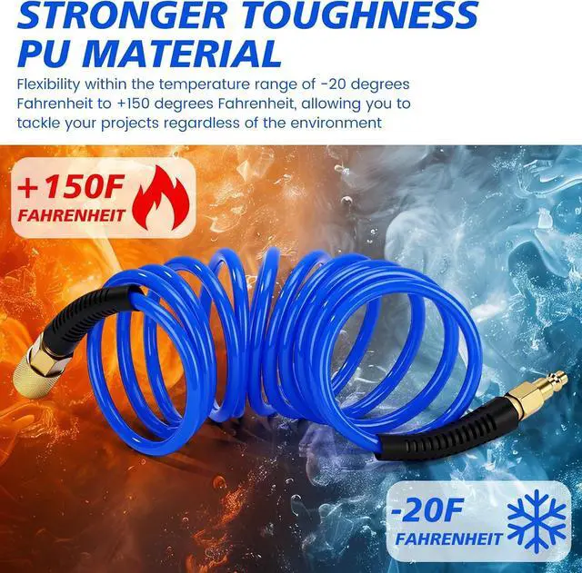 Alt view image 3 of 7 - 10 Pack 1/4 in x 10 ft Polyurethane Recoil Air Hose Air Compressor Hose Flexible Coiled Line with Bend Restrictor 1/4" Industrial Quick Coupler and Plug for Household Garage Station(Blue)