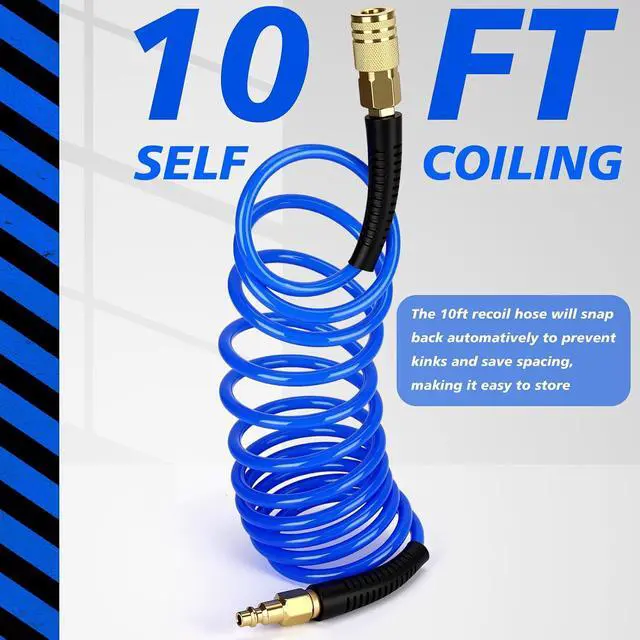 Alt view image 5 of 7 - 10 Pack 1/4 in x 10 ft Polyurethane Recoil Air Hose Air Compressor Hose Flexible Coiled Line with Bend Restrictor 1/4" Industrial Quick Coupler and Plug for Household Garage Station(Blue)