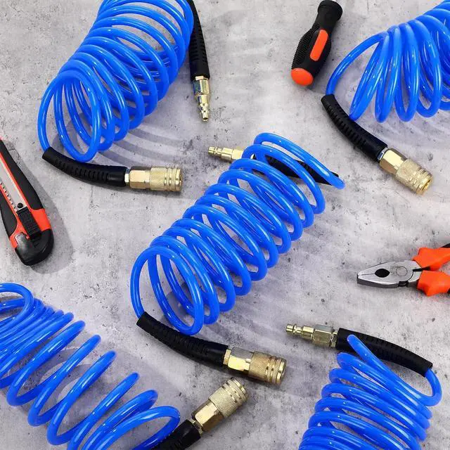 Alt view image 4 of 7 - 10 Pack 1/4 in x 10 ft Polyurethane Recoil Air Hose Air Compressor Hose Flexible Coiled Line with Bend Restrictor 1/4" Industrial Quick Coupler and Plug for Household Garage Station(Blue)