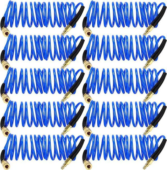 Main image of 10 Pack 1/4 in x 10 ft Polyurethane Recoil Air Hose Air Compressor Hose Flexible Coiled Line with Bend Restrictor 1/4" Industrial Quick Coupler and Plug for Household Garage Station(Blue)