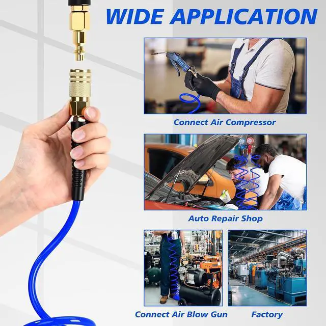 Alt view image 7 of 7 - 10 Pack 1/4 in x 10 ft Polyurethane Recoil Air Hose Air Compressor Hose Flexible Coiled Line with Bend Restrictor 1/4" Industrial Quick Coupler and Plug for Household Garage Station(Blue)