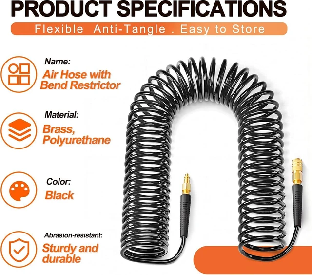 Alt view image 3 of 7 - 1/4" x 50FT Polyurethane Recoil Air Hose with Quick Coupler Plug, Black