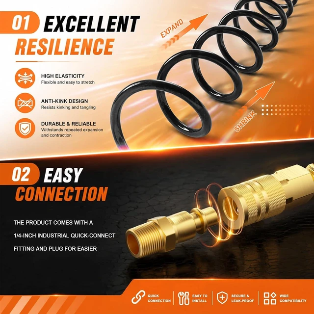 Alt view image 5 of 7 - 1/4" x 50FT Polyurethane Recoil Air Hose with Quick Coupler Plug, Black