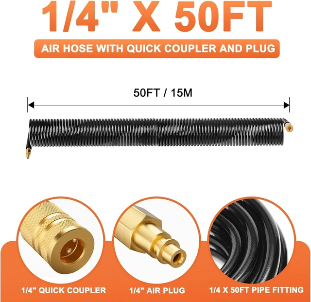 Alt view image 2 of 7 - 1/4" x 50FT Polyurethane Recoil Air Hose with Quick Coupler Plug, Black