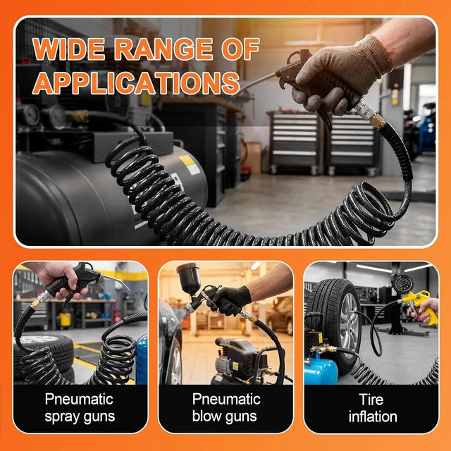 Alt view image 7 of 7 - 1/4" x 50FT Polyurethane Recoil Air Hose with Quick Coupler Plug, Black