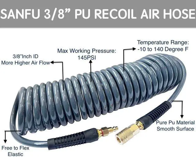 Alt view image 2 of 7 - (PU) Polyurethane Recoil Air Hose 3/8ID(8.2x 12mm) x 50ft, Flexible, Professional 145PSI With Reassembled Brass Quick Coupler and Plug, Grey(50')