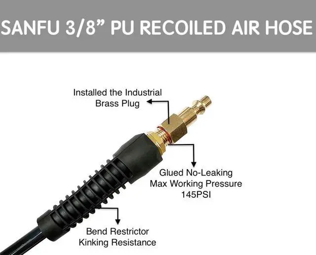 Alt view image 5 of 7 - (PU) Polyurethane Recoil Air Hose 3/8ID(8.2x 12mm) x 50ft, Flexible, Professional 145PSI With Reassembled Brass Quick Coupler and Plug, Grey(50')