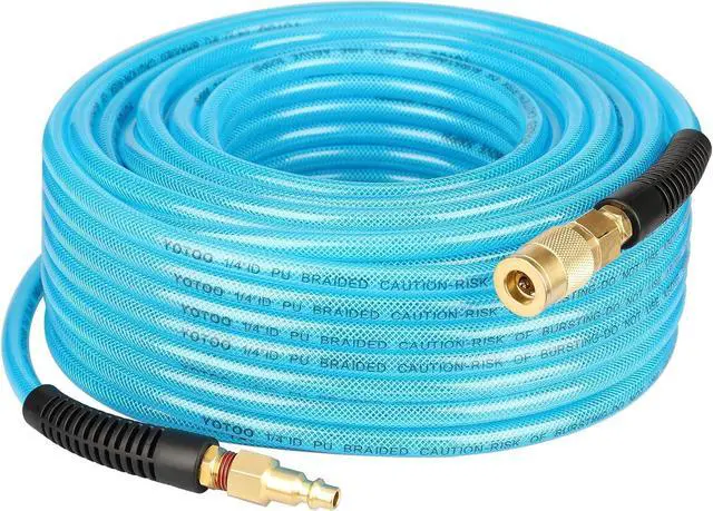 Main image of Reinforced Polyurethane Air Hose 1/4" Inner Diameter by 100' Long, Flexible, Heavy Duty Air Compressor Hose with Bend Restrictor, 1/4" Swivel Industrial Quick Coupler and Plug, Blue