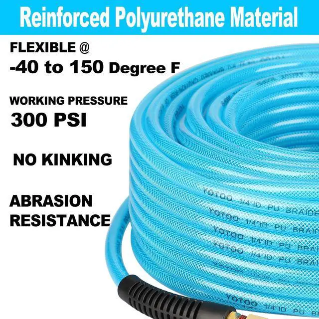 Alt view image 2 of 6 - Reinforced Polyurethane Air Hose 1/4" Inner Diameter by 100' Long, Flexible, Heavy Duty Air Compressor Hose with Bend Restrictor, 1/4" Swivel Industrial Quick Coupler and Plug, Blue