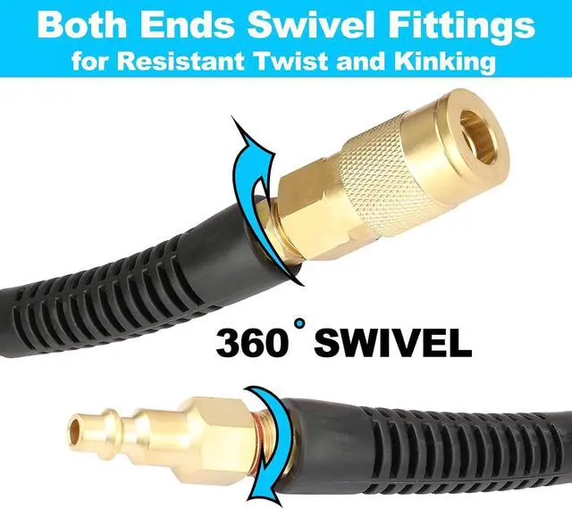 Alt view image 3 of 6 - Reinforced Polyurethane Air Hose 1/4" Inner Diameter by 100' Long, Flexible, Heavy Duty Air Compressor Hose with Bend Restrictor, 1/4" Swivel Industrial Quick Coupler and Plug, Blue
