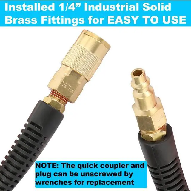 Alt view image 4 of 6 - Reinforced Polyurethane Air Hose 1/4" Inner Diameter by 100' Long, Flexible, Heavy Duty Air Compressor Hose with Bend Restrictor, 1/4" Swivel Industrial Quick Coupler and Plug, Blue