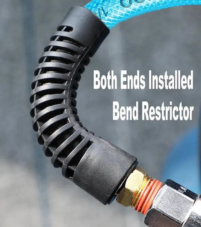 Alt view image 5 of 6 - Reinforced Polyurethane Air Hose 1/4" Inner Diameter by 100' Long, Flexible, Heavy Duty Air Compressor Hose with Bend Restrictor, 1/4" Swivel Industrial Quick Coupler and Plug, Blue