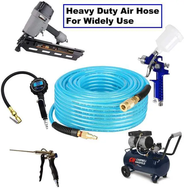 Alt view image 6 of 6 - Reinforced Polyurethane Air Hose 1/4" Inner Diameter by 100' Long, Flexible, Heavy Duty Air Compressor Hose with Bend Restrictor, 1/4" Swivel Industrial Quick Coupler and Plug, Blue