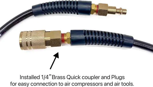 Alt view image 2 of 6 - Polyurethane(PU) 1/4-Inch Reinforced,Air Hose with 1/4 Swivel Industrial Quick Coupler and Plug,Bend Restrictor (Black, 100FT)
