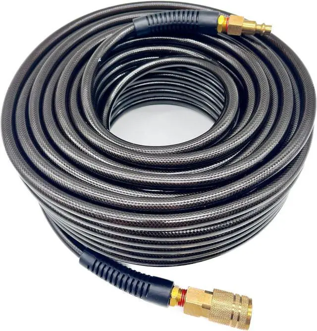 Main image of Polyurethane(PU) 1/4-Inch Reinforced,Air Hose with 1/4 Swivel Industrial Quick Coupler and Plug,Bend Restrictor (Black, 100FT)