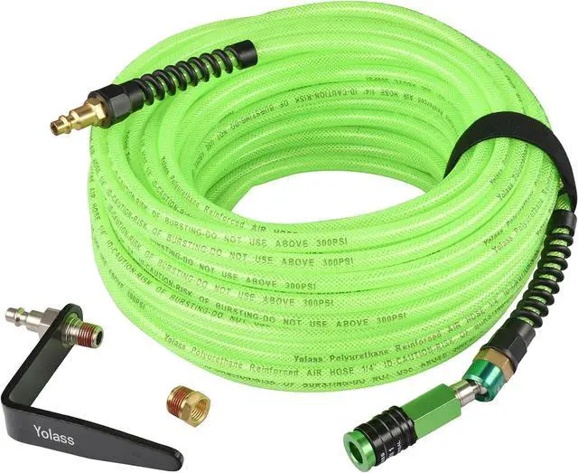 Main image of 1/4x100 ft Green Transparent Flexible Reinforced Polyurethane (pu) Air Hose with 1/4"360 Rotary Coupler and Air Hook,Bend Limiter
