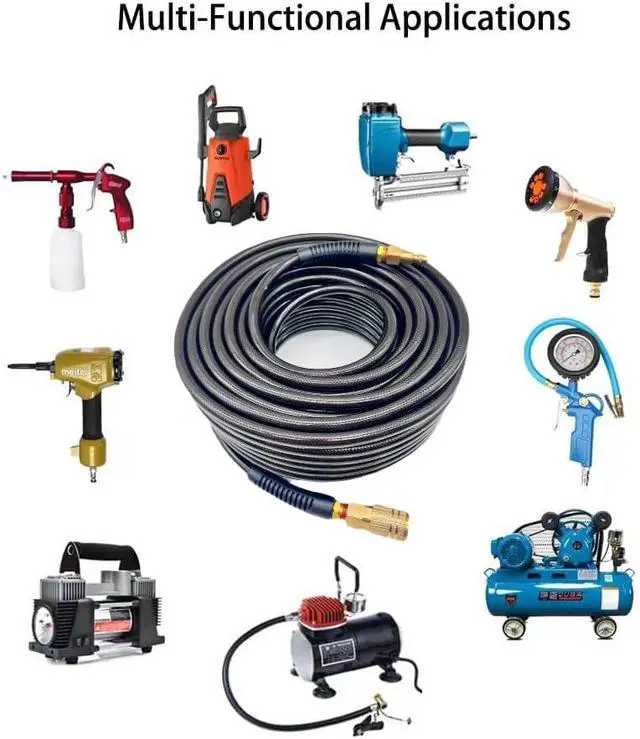 Alt view image 6 of 6 - Polyurethane(PU) 1/4-Inch Reinforced,Air Hose with 1/4 Swivel Industrial Quick Coupler and Plug,Bend Restrictor (Black, 100FT)