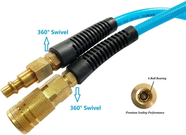 Alt view image 2 of 6 - Polyurethane (PU) Reinforced Air Hose 1/4ID (6.3 x 9.8mm) x 100ft, with 1/4 Swivel MNPT Solid Brass Quick Coupler & Plug, Transparent Blue (100)