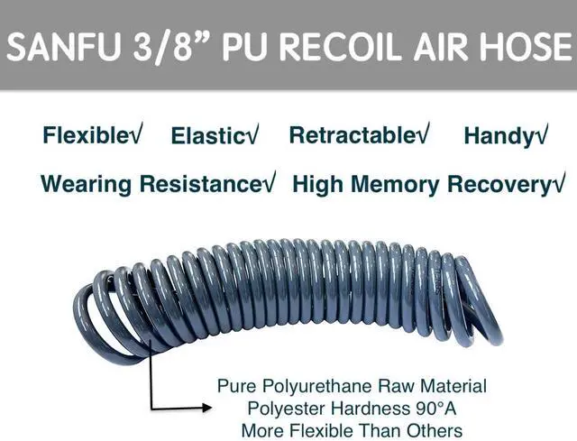 Alt view image 3 of 7 - (PU) Polyurethane Recoil Air Hose 3/8ID(8.2x 12mm) x 50ft, Flexible, Professional 145PSI With Reassembled Brass Quick Coupler and Plug, Grey(50')