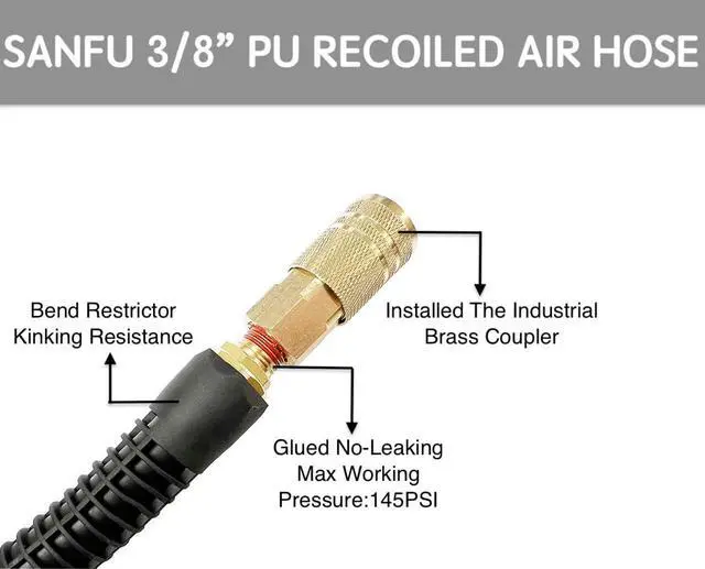 Alt view image 4 of 7 - (PU) Polyurethane Recoil Air Hose 3/8ID(8.2x 12mm) x 50ft, Flexible, Professional 145PSI With Reassembled Brass Quick Coupler and Plug, Grey(50')