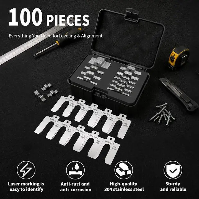 Alt view image 2 of 7 - 100PCS 304 Stainless Steel Shim Kit, 2" x 2" Slotted Assortment Box