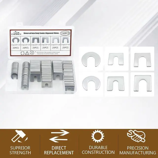 Alt view image 2 of 6 - 150PCS U/C Type Universal Metal Shim Kit, Auto Body Fender Alignment Slotted Shims