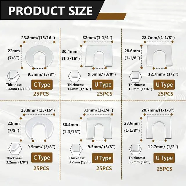 Alt view image 3 of 6 - 150PCS U/C Type Universal Metal Shim Kit, Auto Body Fender Alignment Slotted Shims
