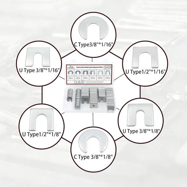 Alt view image 4 of 6 - 150PCS U/C Type Universal Metal Shim Kit, Auto Body Fender Alignment Slotted Shims