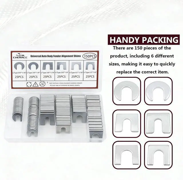 Alt view image 5 of 6 - 150PCS U/C Type Universal Metal Shim Kit, Auto Body Fender Alignment Slotted Shims