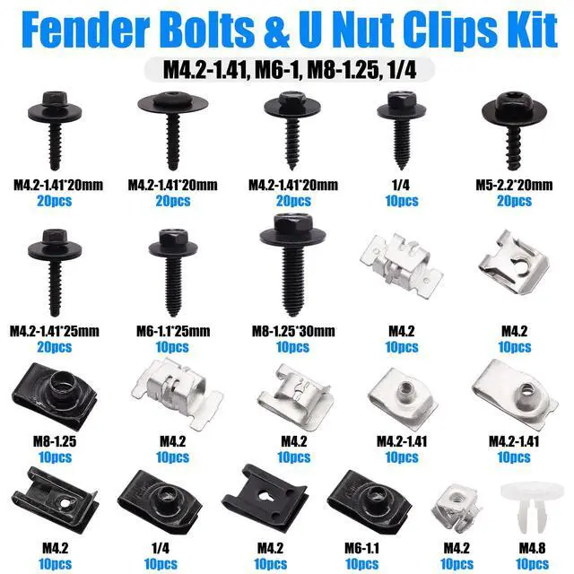Alt view image 2 of 6 - 260Pcs Automotive Body Bolt & U-Nut Clips Kit, 21 Sizes Multipurpose Fender Liner Clip M4.2 M6 M8 1/4Inch Fender Bolts Body Fastener Clips for Most Cars Bumper Engine Splash Shield