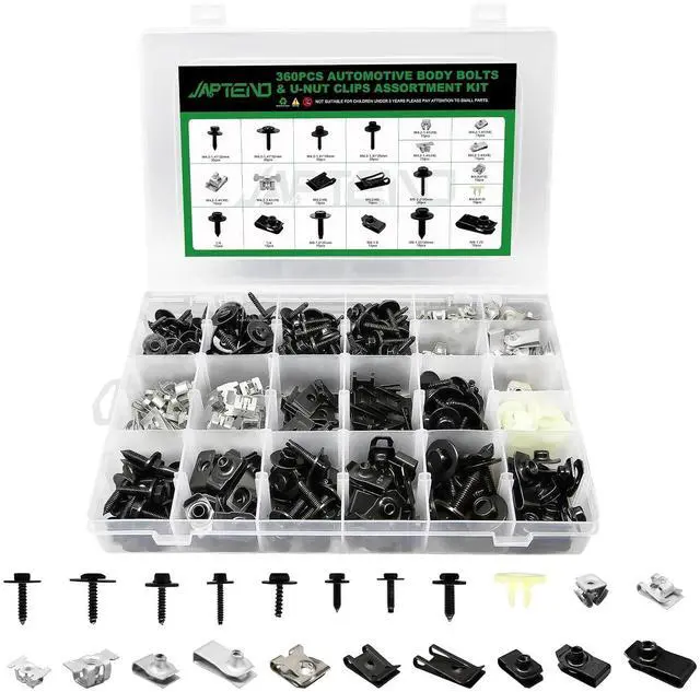 Main image of 360PCS Automotive Body Bolts and U-Nut Clips Assortment Kit, 21 Sizes Body Clips and Fasteners for Fender Liner Bumper Splash Shield & Engine Cover Fits GM Ford Chrysler